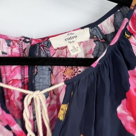 Entro Women's Floral Tiered Blouse Top Layered Bell Sleeve Pink Navy Blue Small - Picture 3 of 15